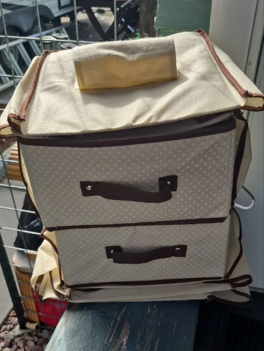 Hanging Fabric Closet Organizer with Beige and Gray Storage Drawers